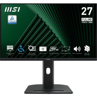 MSI PRO MP275PG 27 Inch Monitor, FHD (1920 x 1080), 100Hz, IPS, 1ms, 1x HDMI 1.4b, 1x DP 1.2a output, 1x D-Sub(VGA), Built-in Speakers, Anti-Glare, Anti-Flicker, Less Blue light, TÜV Certified, VESA, Kensington, 4-way adjustable stand, Black