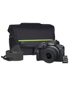 Canon EOS R100 APS-C Mirrorless Camera Kit inc RF-S 18-45mm Lens, 128GB SD Card, Neck Strap and Case - Black